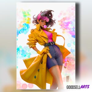 May include: A digital art print featuring a stylish figure in a yellow trench coat, pink top, and blue shorts. The artwork includes a pink headband, sunglasses, and a bubblegum bubble. The background has colorful bokeh effects, and the print is signed by GOODSELLARTS.