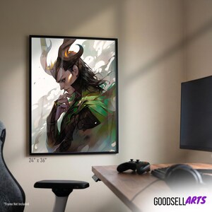 May include: A framed art print featuring a stylized illustration of a character with long black hair, golden horns, and a green and black outfit. The print is 24 x 36 inches and is displayed on a wall. The Goodsell Arts logo is visible.