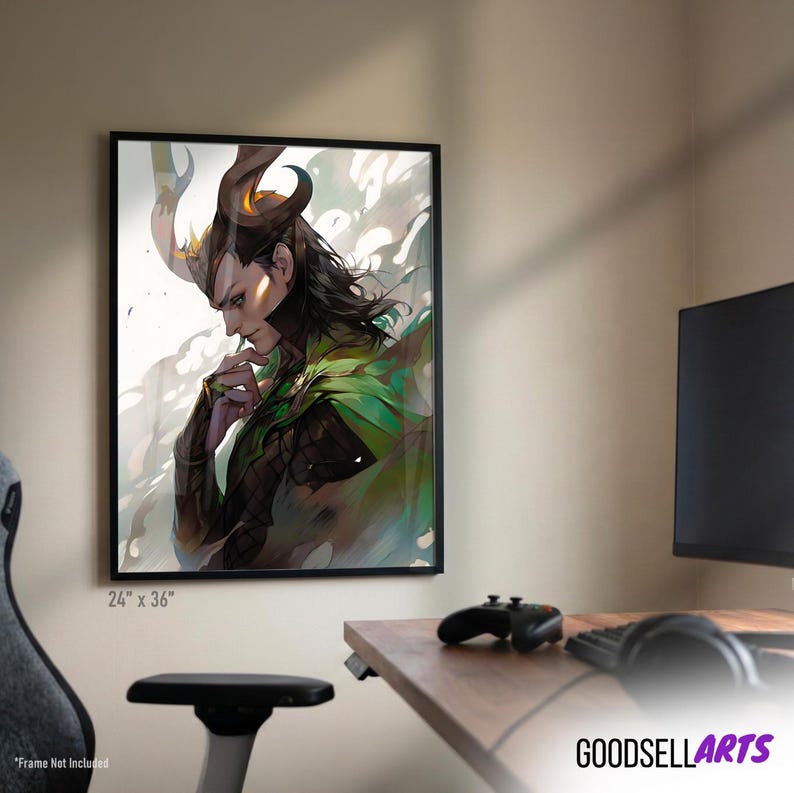 May include: A framed art print featuring a stylized illustration of a character with long black hair, golden horns, and a green and black outfit. The print is 24 x 36 inches and is displayed on a wall. The Goodsell Arts logo is visible.