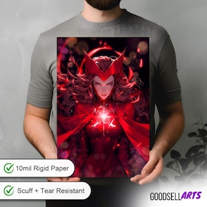 May include: A rectangular print featuring a digital illustration of a character with long dark hair wearing a red headpiece and red outfit, surrounded by glowing red light effects. The print is labeled 10mil Rigid Paper and Scuff + Tear Resistant.