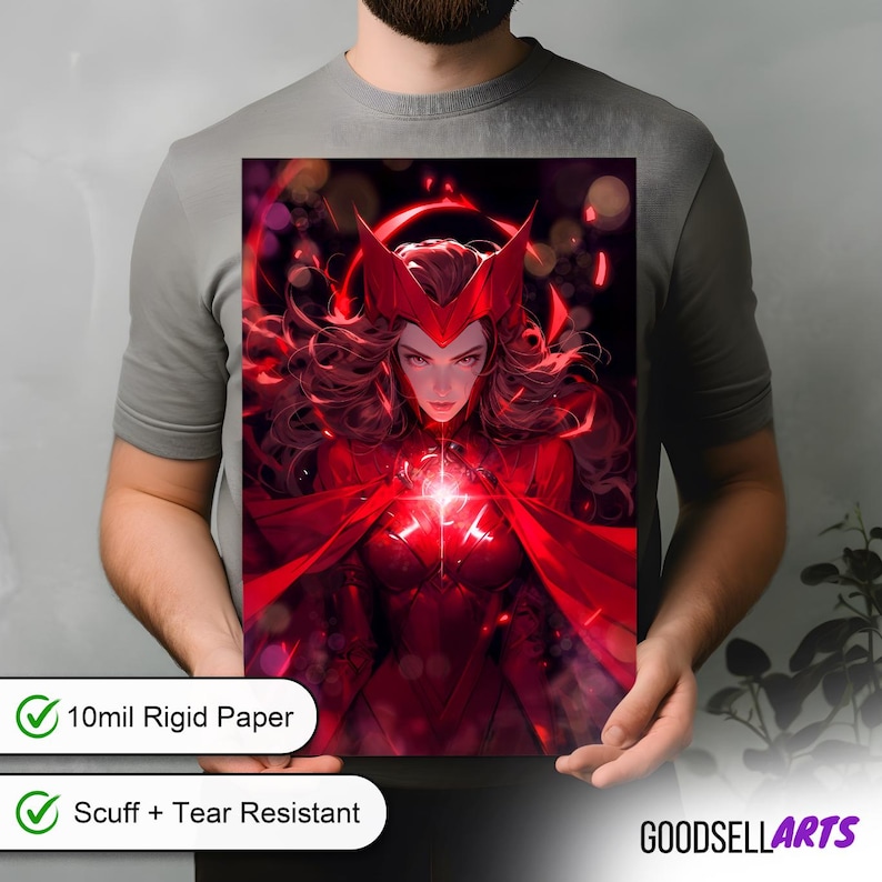 May include: A rectangular print featuring a digital illustration of a character with long dark hair wearing a red headpiece and red outfit, surrounded by glowing red light effects. The print is labeled 10mil Rigid Paper and Scuff + Tear Resistant.