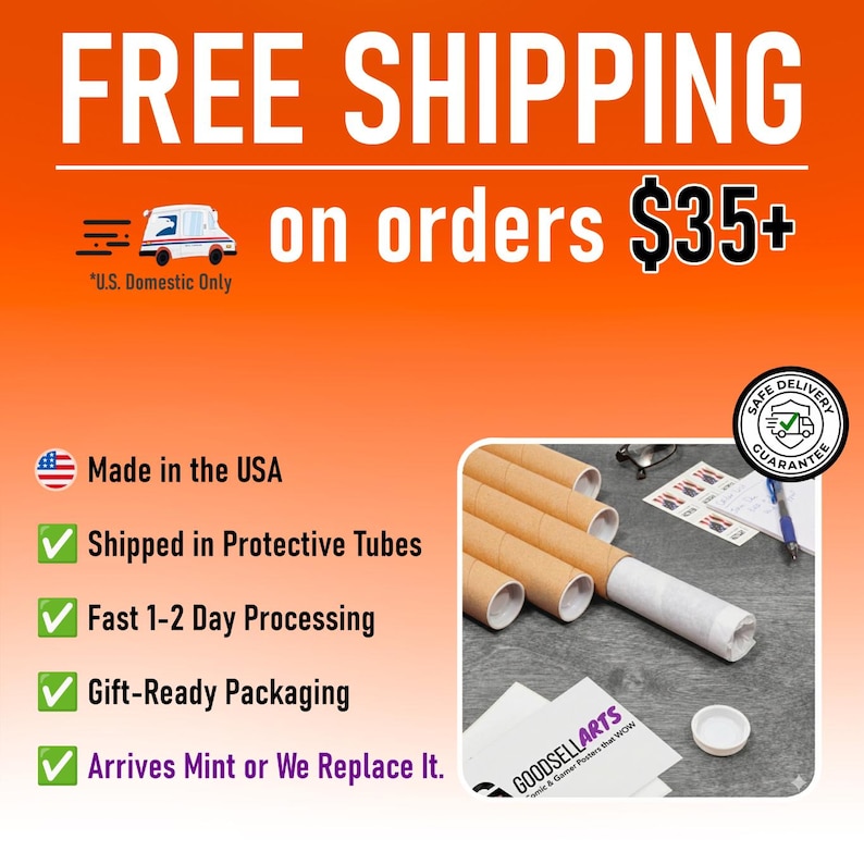 May include: A collection of brown cardboard mailing tubes for posters, with one tube partially wrapped in white paper. A white plastic end cap sits nearby on a gray surface, alongside a pen, small paper slips, and a logo card reading GOODSELLARTS.