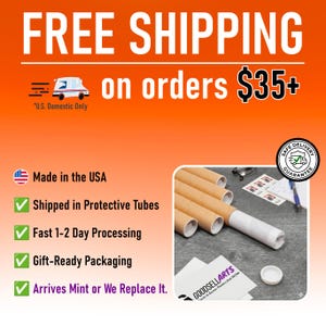 May include: A promotional graphic with an orange background featuring text about shipping policies, including 'FREE SHIPPING on orders $35+', 'Made in the USA', and 'Shipped in Protective Tubes'. An inset shows cardboard tubes and a logo for GOODSELLARTS.