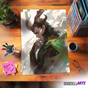 May include: An 11" x 17" art print featuring a stylized illustration of a character with long black hair, horns, and a green cape. The artwork is set against a backdrop of white and gray, with the character in a contemplative pose. The print is on a wooden surface.
