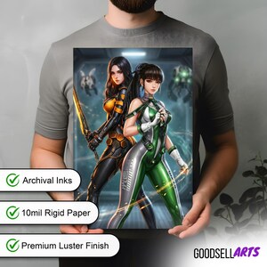 May include: A rectangular art print featuring two anime-style characters in futuristic suits. One character wears a black and orange suit with a sword, while the other wears a green and white suit. The background shows a dark, high-tech interior.
