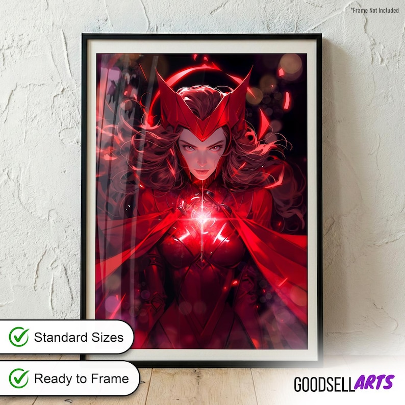 May include: A framed wall art print featuring a character with long dark hair wearing a red headpiece and a red outfit. The character is surrounded by glowing red light effects and energy particles, with a bright light source at the center.