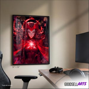 May include: Framed art print featuring a vibrant illustration of a character in a red costume with a headdress. The artwork is displayed in a black frame and measures 24 x 36 inches.