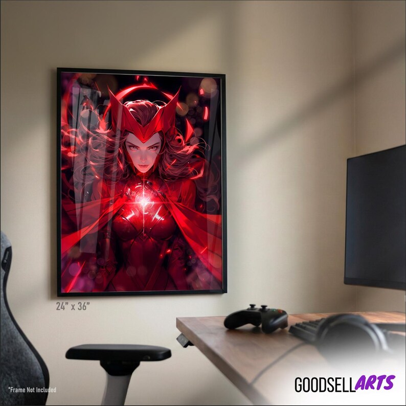 May include: Framed art print featuring a vibrant illustration of a character in a red costume with a headdress. The artwork is displayed in a black frame and measures 24 x 36 inches.