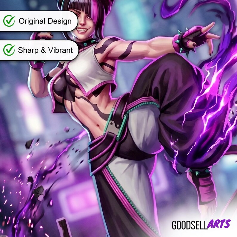 Op de afbeelding: Digitale kunst van een personage in een dynamische pose, gekleed in een witte en zwarte outfit met roze accenten. Het personage heeft zwart en roze haar en wordt omringd door paarse energie. De tekst "Original Design" en "Sharp & Vibrant" is inbegrepen. De naam van de kunstenaar "GOODSELLARTS" staat rechtsonder.