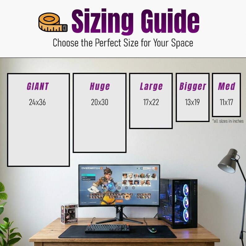Op de afbeelding: Een maattabel met de tekst "Sizing Guide" en "Choose the Perfect Size for Your Space." Toont vijf maatopties: Giant (61x91 cm), Huge (51x76 cm), Large (43x56 cm), Bigger (33x48 cm) en Med (28x43 cm).