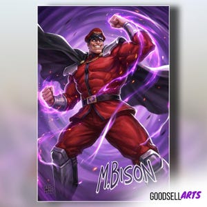 May include: A digital illustration of M. Bison from Street Fighter, wearing a red military uniform with a black cape, hat, and silver shoulder pads. The character is surrounded by purple energy swirls, with the text M. BISON written in white.