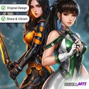 May include: Two digital illustrations of characters in futuristic outfits. One wears a black and orange suit with honeycomb patterns, holding a glowing sword. The other wears a green and white suit with lace details. Text reads: Original Design, Sharp & Vibrant, GOODSELLARTS.