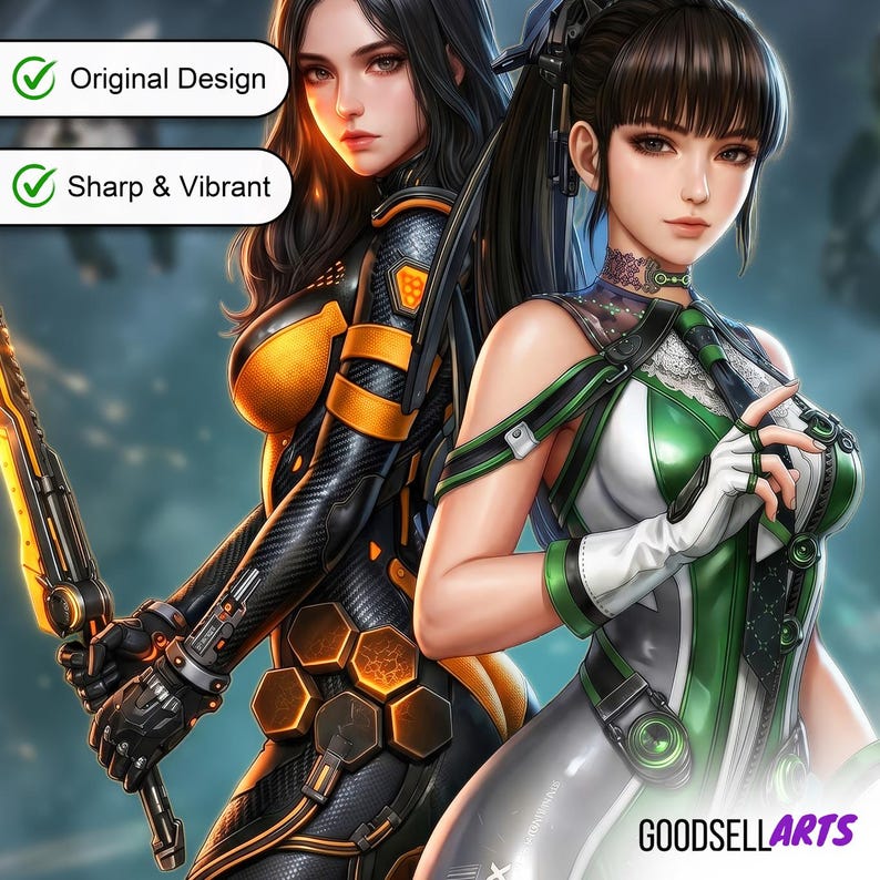 May include: Two digital illustrations of characters in futuristic outfits. One wears a black and orange suit with honeycomb patterns, holding a glowing sword. The other wears a green and white suit with lace details. Text reads: Original Design, Sharp & Vibrant, GOODSELLARTS.