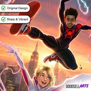 Op de afbeelding: Een dynamische digitale illustratie met twee Spider-Man-personages in actie tegen een stadsachtergrond. E&eacute;n figuur draagt een zwart-rood pak, de ander een wit-roze pak. De afbeelding bevat de tekst "Original Design" en "Sharp & Vibrant". Het GoodsellArts-logo is zichtbaar.