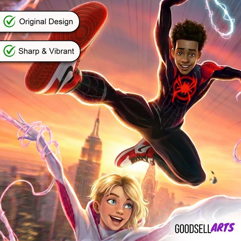 Op de afbeelding: Een dynamische digitale illustratie met twee Spider-Man-personages in actie tegen een stadsachtergrond. E&eacute;n figuur draagt een zwart-rood pak, de ander een wit-roze pak. De afbeelding bevat de tekst "Original Design" en "Sharp & Vibrant". Het GoodsellArts-logo is zichtbaar.