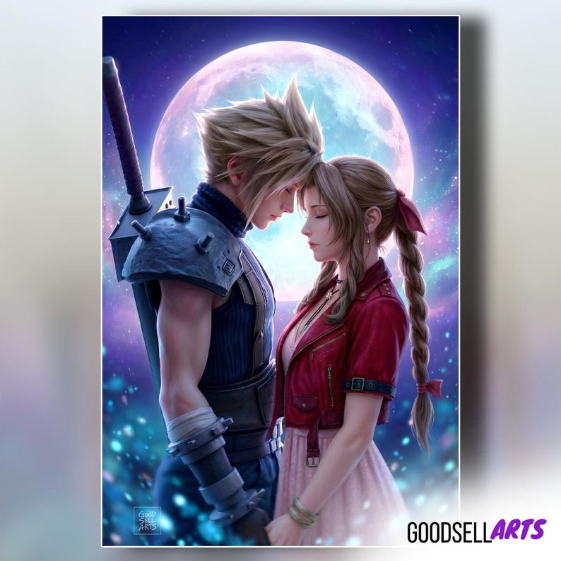 May include: A digital illustration featuring two characters standing face-to-face with foreheads touching against a large, glowing full moon. The character on the left has spiky blonde hair and a dark blue outfit with a large sword on their back. The character on the right has long brown hair in a braid, wearing a red jacket over a light pink dress.