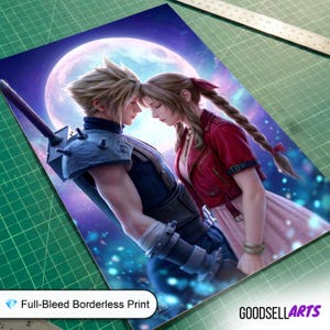 May include: A rectangular art print featuring a digital illustration of two characters with blonde and brown hair standing forehead to forehead against a large moon. The print includes the text Full-Bleed Borderless Print and GOODSELLARTS.