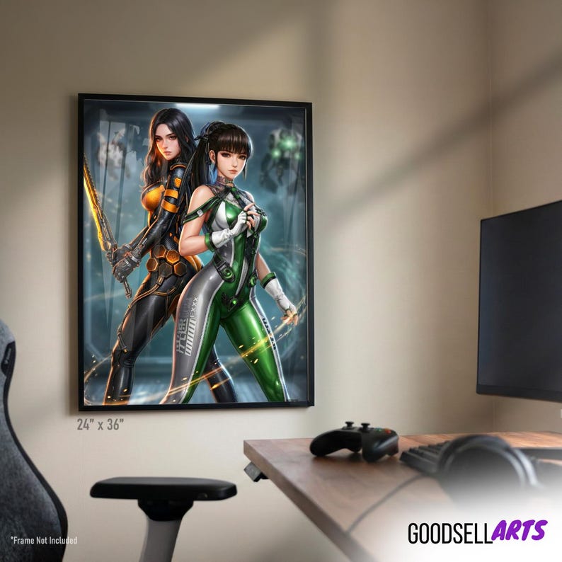 May include: A rectangular wall art print measuring 24 inches by 36 inches, featuring two figures in futuristic suits. One figure wears a black and orange suit with a glowing sword, while the other wears a green and white suit with dark hair.