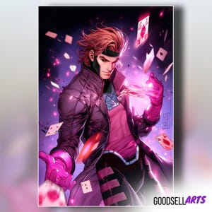 May include: Comic book art print featuring a character with red hair, a black mask, and a purple jacket. The character is holding playing cards, with several cards floating in the air. The background is a mix of purple and pink hues.