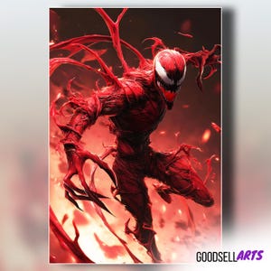 May include: A digital art print of a red, monstrous figure with sharp claws and a menacing expression. The character has a white and black face and is set against a fiery background. The print is labeled "GOODSELLARTS" in the bottom right corner.