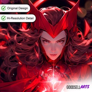 May include: A digital illustration of a character with long wavy dark red hair wearing a pointed red headpiece. The character has intense red eyes and is surrounded by glowing red energy. Text overlays read Original Design and Hi-Resolution Detail.