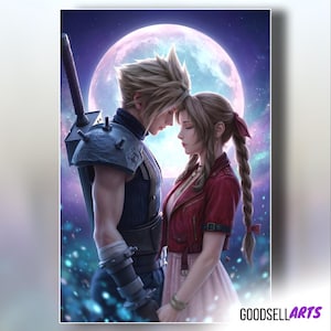 May include: A digital art print featuring a couple in a romantic embrace, set against a backdrop of a full moon and a starry sky. The male figure has spiky blonde hair and a sword on his back. The female figure has long brown braids and wears a red jacket. The print is signed "GOODSELLARTS".
