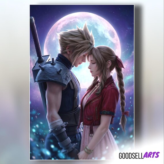 Cloud and Aerith Art Print | FF7 Romantic Poster | Final Fantasy 7 Couple Gift | Gamer Anniversary | FF7 Rebirth Wall Art | JRPG Decor