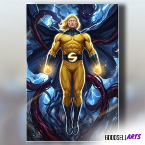 May include: A digital illustration of a muscular superhero with blonde hair, wearing a yellow bodysuit with a black belt featuring a glowing letter S. A dark, shadowy entity with red eyes looms behind, surrounded by swirling blue energy and dark tendrils.
