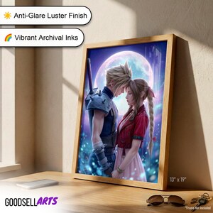 May include: A framed 13 inch by 19 inch art print featuring a digital illustration of two characters standing face to face under a large moon. The character on the left has spiky blonde hair and armor, while the character on the right has long braided hair and a red jacket. The print features an anti-glare luster finish and vibrant archival inks.