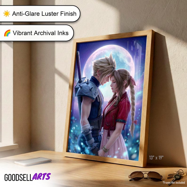 May include: A framed 13 inch by 19 inch art print featuring a digital illustration of two characters standing face to face under a large moon. The character on the left has spiky blonde hair and armor, while the character on the right has long braided hair and a red jacket. The print features an anti-glare luster finish and vibrant archival inks.