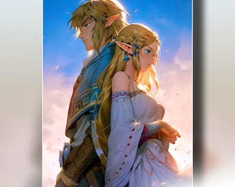 Link and Zelda Poster | Zelda Wall Art | TotK Print | Gamer Room Decor | Video Game Print | Hyrule Fantasy Art | Legend of Zelda Decor