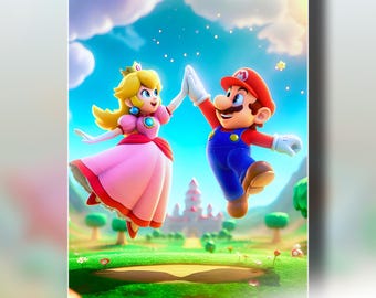 Super Mario Poster | Mario and Peach Art Print | Nintendo Wall Art | Princess Peach Poster | Gamer Room Decor | Nintendo Gaming Couple Gift