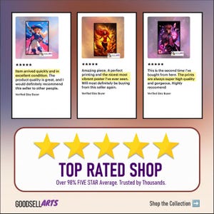 Op de afbeelding: Afbeelding met drie kunstdrukken met klantbeoordelingen. De prints tonen fantasy-kunst met levendige kleuren. De afbeelding toont ook een "Top Rated Shop" banner met een hoge klanttevredenheidsscore en de naam van de winkel.