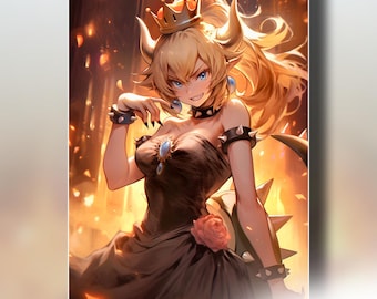 May include: A digital illustration of a character with blonde hair, horns, and a crown, wearing a black strapless dress with a pink rose accent, spiked armbands, and a blue gemstone necklace, set against a fiery orange background with text.