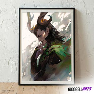 May include: Framed art print featuring a stylized illustration of a character with long black hair, wearing a green cape and a horned helmet. The artwork has a digital painting style with a focus on the character's face and expression. The frame is black.