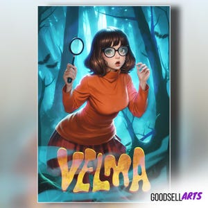 May include: An illustration of Velma from Scooby-Doo, holding a magnifying glass, set in a spooky forest. She wears an orange turtleneck, a red plaid skirt, and glasses. The word "VELMA" is displayed in yellow, with the artist's name at the bottom.
