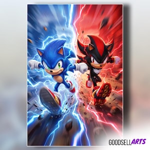 Sonic vs Shadow Art Print | Sonic the Hedgehog Wall Art |  Gamer Room Poster | Original Gaming Gift | Sega Retro Gamer | Sonic 3 Movie art