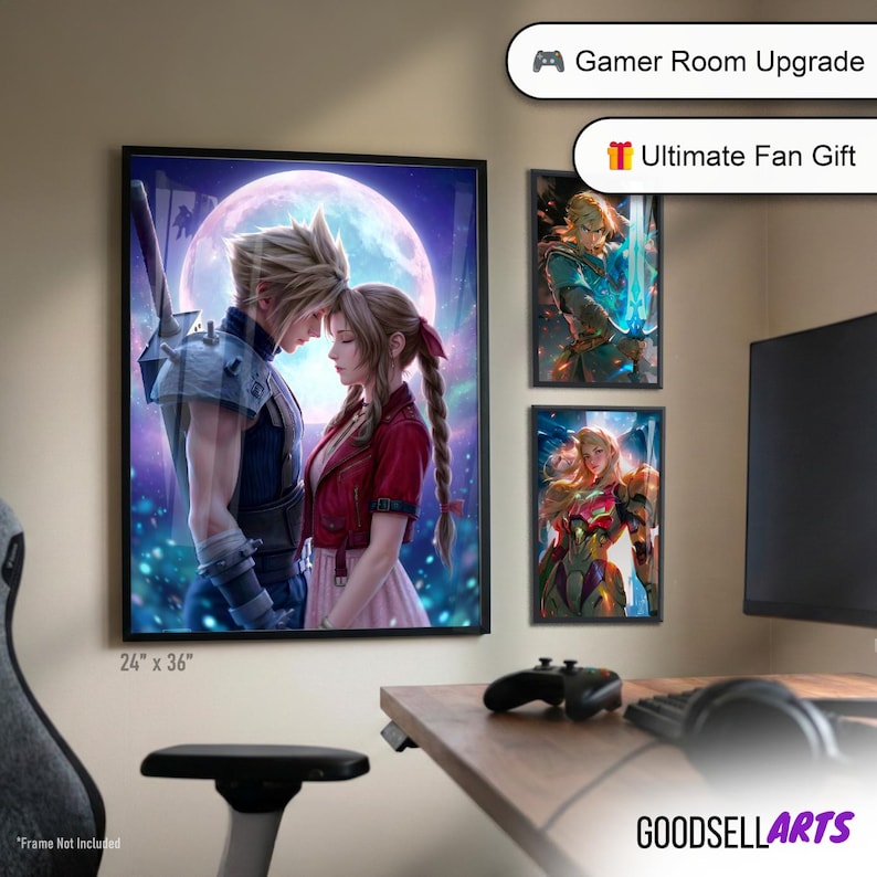 May include: A large framed wall art print measuring 24 by 36 inches featuring a digital illustration of two characters standing forehead to forehead against a large glowing moon. Two smaller framed prints are displayed on the wall nearby.