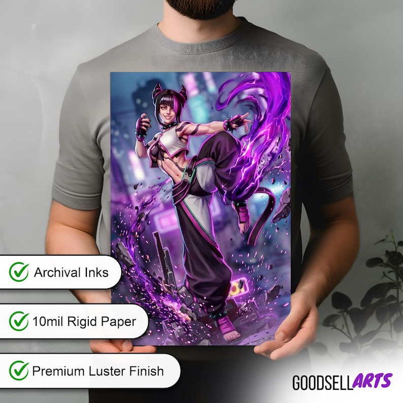 Op de afbeelding: Een print van een vrouwelijk personage in een vechthouding, met een dynamisch paars energie-effect. Ze draagt een witte en zwarte outfit. De print wordt door een persoon vastgehouden. De print heeft de tekst "Archival Inks", "10mil Rigid Paper" en "Premium Luster Finish". Het Goodsellarts-logo staat rechtsonder.