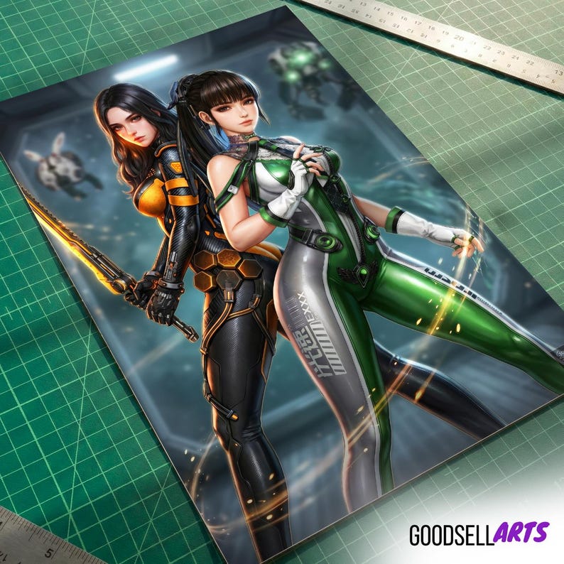 May include: A rectangular art print featuring two characters in futuristic suits. One character wears a black and orange suit with a sword, while the other wears a green and white suit with the text EXXX. A metal ruler is visible at the top edge.