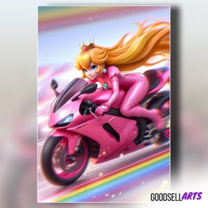 Princess Peach Motorcycle Poster, Mario Kart Wall Art, Video Game Decor, Princess Toadstool, Gamer Gifts for Her, Nintendo Mario bros art