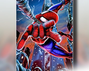 Lámina artística de Spider-Man, arte mural del lanzador de telarañas de Nueva York, póster del superhéroe Spidey, ilustración de cómic, regalo para gamers y fans de Marvel.