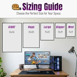 May include: A sizing guide graphic with the text "Sizing Guide" and "Choose the Perfect Size for Your Space." Displays five size options: Giant (24x36 inches), Huge (20x30 inches), Large (17x22 inches), Bigger (13x19 inches), and Med (11x17 inches).