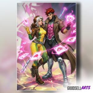 May include: A digital illustration of Rogue and Gambit from X-Men. Rogue wears a yellow and green bodysuit with a brown jacket and boots. Gambit wears a brown trench coat and black and pink armor. Playing cards float around them.