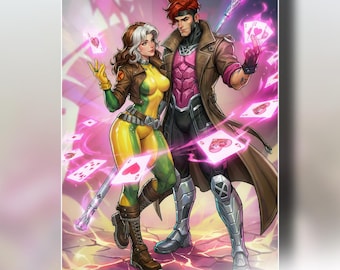Gambit and Rogue Art Print | Marvel Rivals Superhero Wall Art, X-Men Romantic Comic Poster, Gamer Room Decor