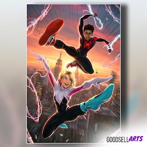 Op de afbeelding: Een levendige illustratie toont twee Spider-People in de lucht tegen een stadsachtergrond. De ene draagt een zwart-rood pak, de andere een zwart-wit-roze pak. Beide zijn omgeven door webachtige lijnen, met het Empire State Building zichtbaar.