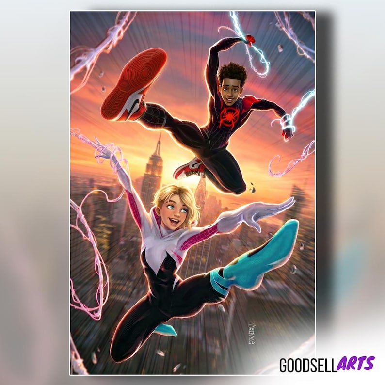 Op de afbeelding: Een levendige illustratie toont twee Spider-People in de lucht tegen een stadsachtergrond. De ene draagt een zwart-rood pak, de andere een zwart-wit-roze pak. Beide zijn omgeven door webachtige lijnen, met het Empire State Building zichtbaar.
