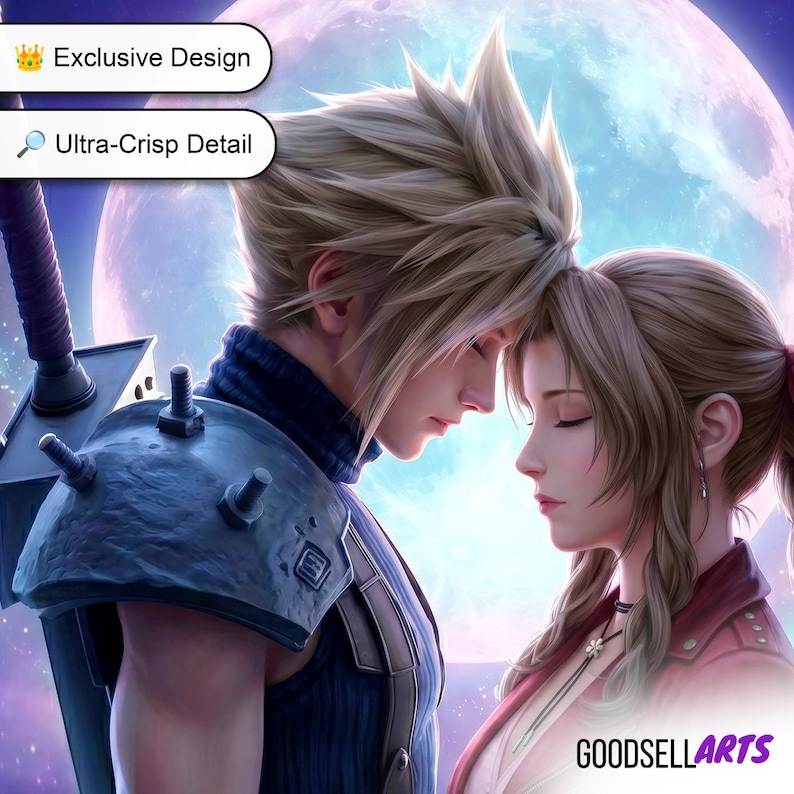 May include: A digital illustration of two characters with spiky blonde and brown hair leaning their foreheads together against a large moon background. The character on the left wears a dark blue shoulder pauldron. Text reads Exclusive Design and Ultra-Crisp Detail.