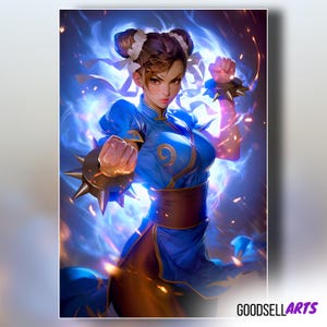 May include: A digital illustration of a character with dark hair in buns, wearing a blue qipao with gold trim and brown leggings. The character has spiked wrist cuffs and is surrounded by glowing blue energy and sparks. Text reads GOODSELLARTS.