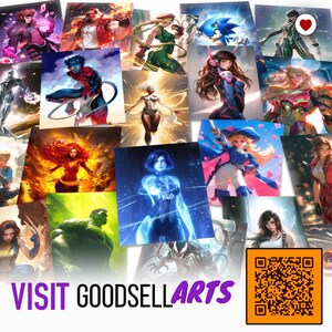 Op de afbeelding: Een verzameling kleurrijke kunstprints met verschillende personages uit videogames en stripboeken. De prints tonen personages als Sonic, D.Va en de Hulk, met levendige kleuren en dynamische poses. De tekst "VISIT GOODSELLARTS" is zichtbaar onderaan.